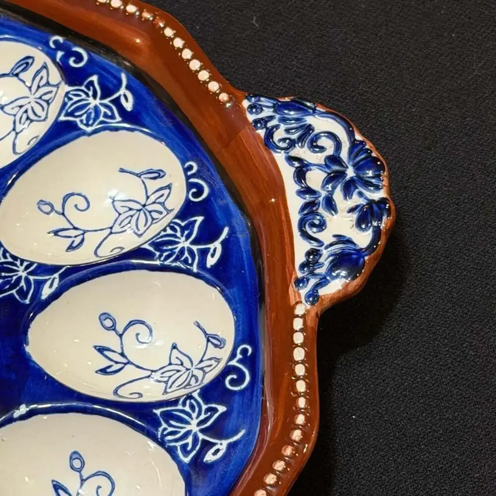 Majolica Ceramic Hand Painted Floral Lace 12 Egg Tray Platter 12”